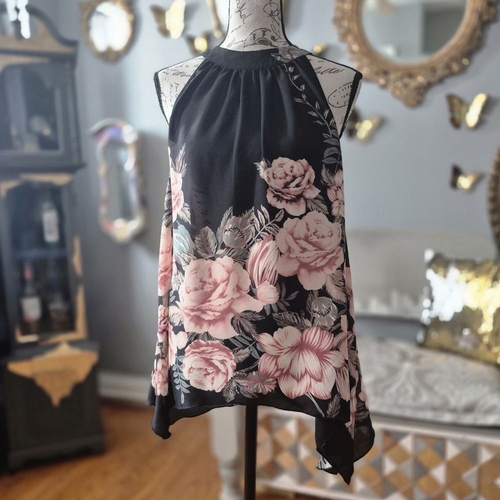 cleo Romantic Black Halter Top with Pink and Green Floral Trim Large